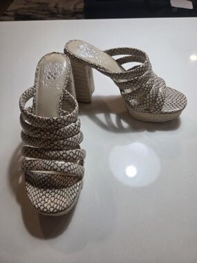 Vince Camuto Beige Snake-Print Strappy Platform Heel